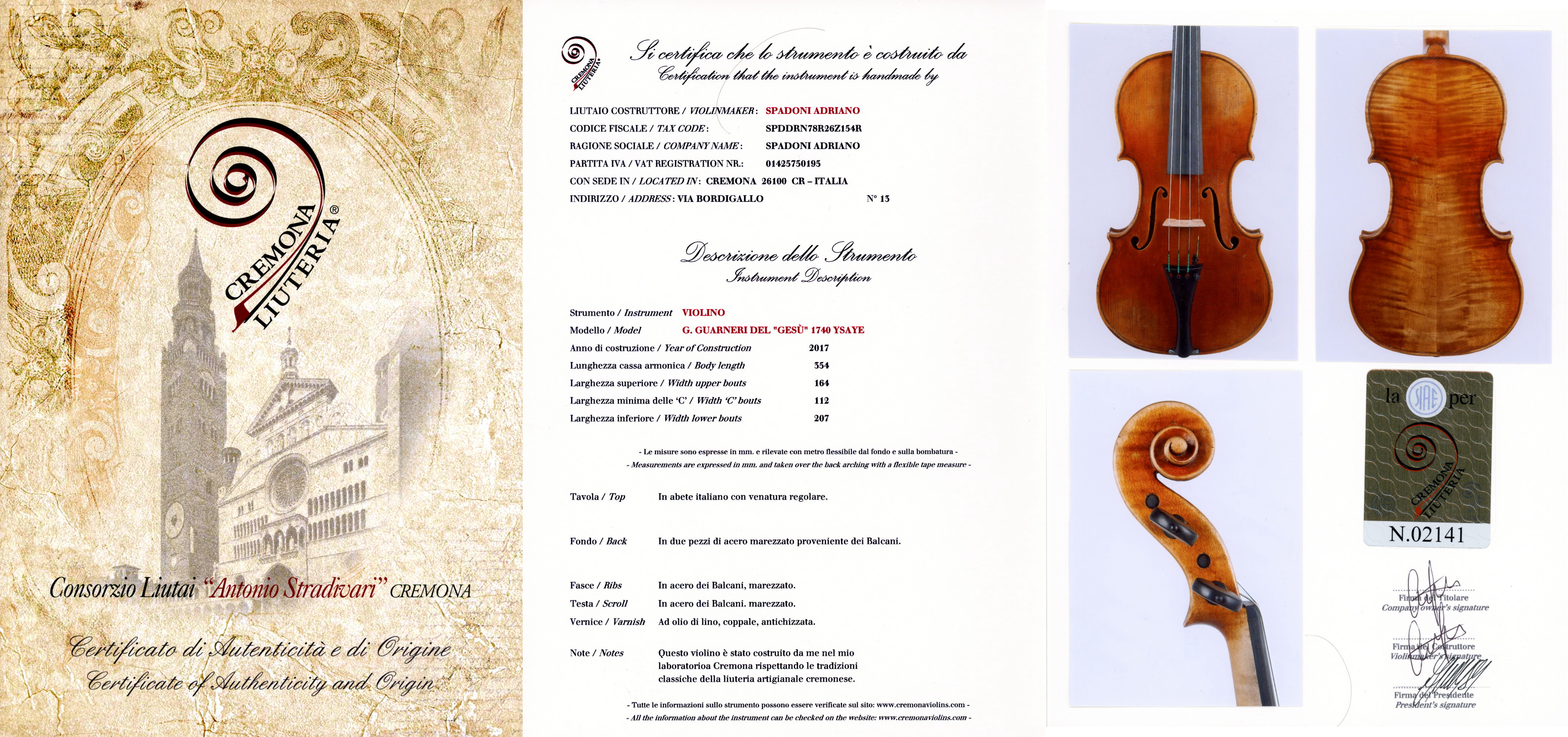 クレモナ弦楽器製作者協会発行の証明書
